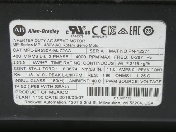 ALLEN BRADLEY MPL-B4530K-MJ72AA SER. A 480VAC 11.0A NSNP