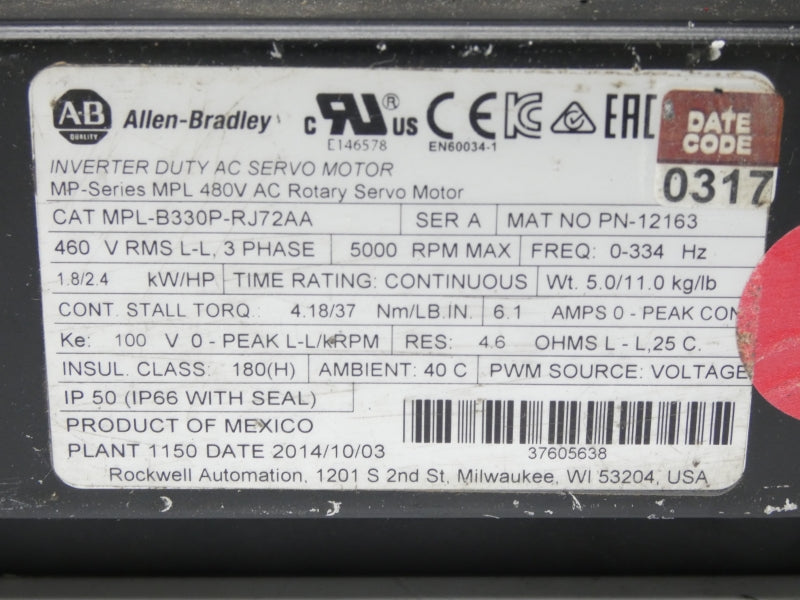 ALLEN BRADLEY MPL-B330P-RJ72AA SER. A 480VAC 6.1A UNMP