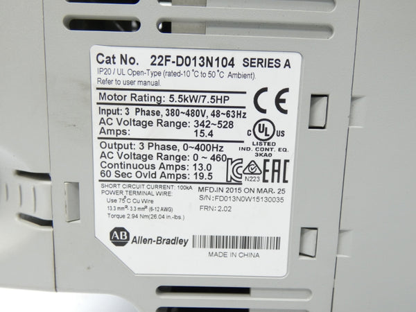 ALLEN BRADLEY 22F-D013N104 SER. A F/W 2.02 342-528VAC 19.5A UNMP