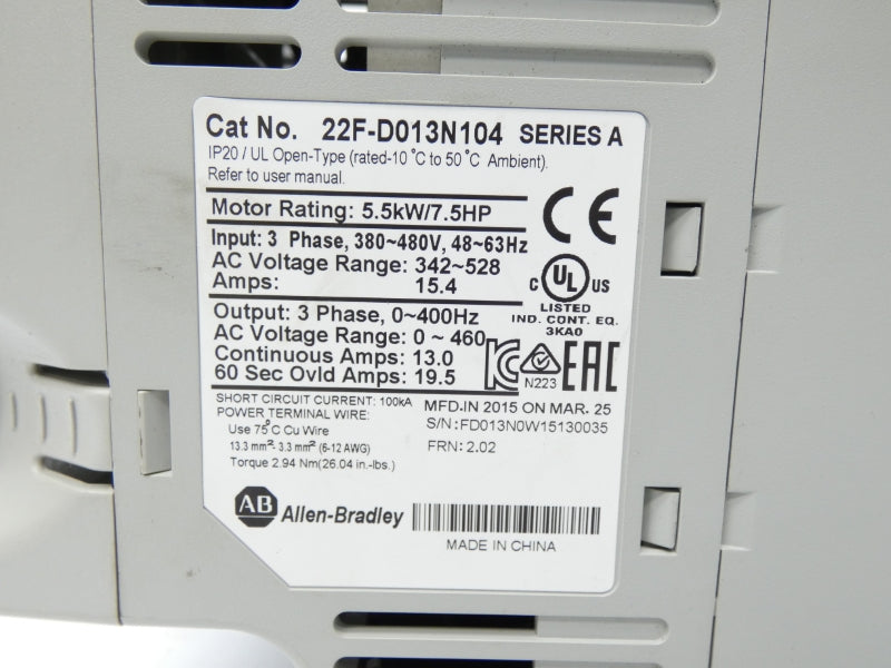 ALLEN BRADLEY 22F-D013N104 SER. A F/W 2.02 342-528VAC 19.5A UNMP