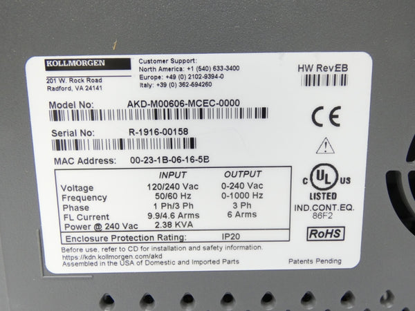 KOLLMORGEN AKD-M00606-MCEC-0000 120/240VAC NSNP