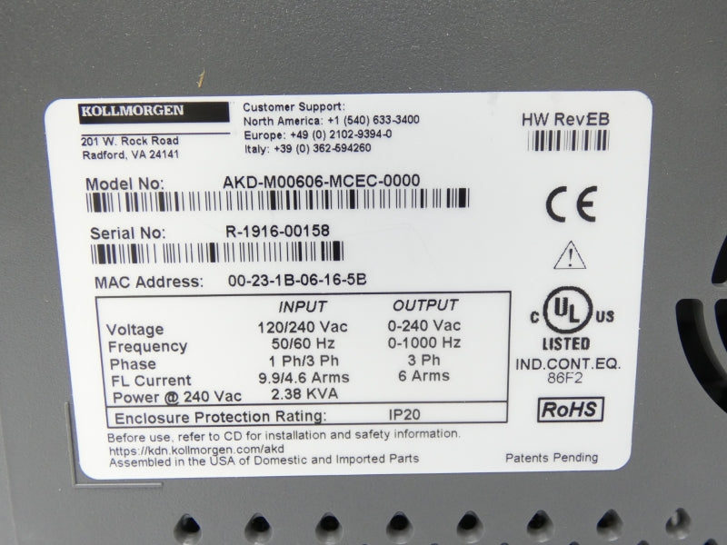 KOLLMORGEN AKD-M00606-MCEC-0000 120/240VAC NSNP