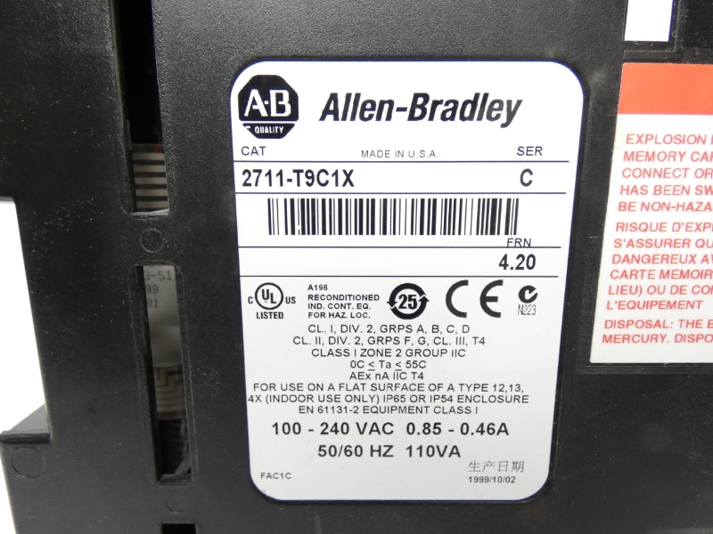 ALLEN BRADLEY 2711-T9C1X SER. C F/W 4.20 100-240VAC 0.85-0.46A REMAN