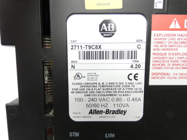 ALLEN BRADLEY 2711-T9C8X SER. C REV. N F/W 4.20 100-240VAC 0.85-0.46A REMAN