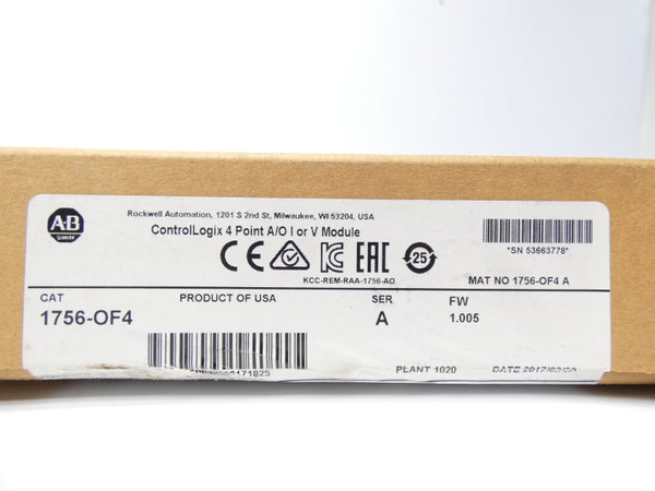 ALLEN BRADLEY 1756-OF4 SER.A F/W 1.005 10VDC DATE 2017 NSFS