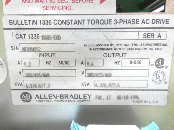 ALLEN BRADLEY 1336-B005-EAD SER. A 380/415/460V 9.6A (AS IS) UNMP