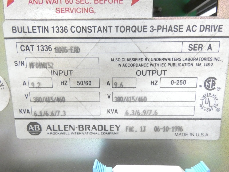 ALLEN BRADLEY 1336-B005-EAD SER. A 380/415/460V 9.6A (AS IS) UNMP