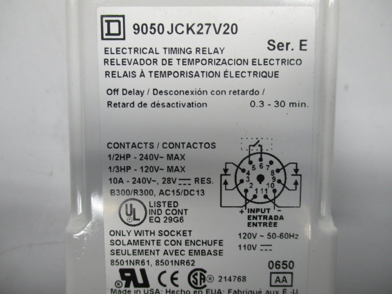 SQUARE D 9050JCK27V20 SER.E 240VAC 10A 0.3-30MIN NSMP