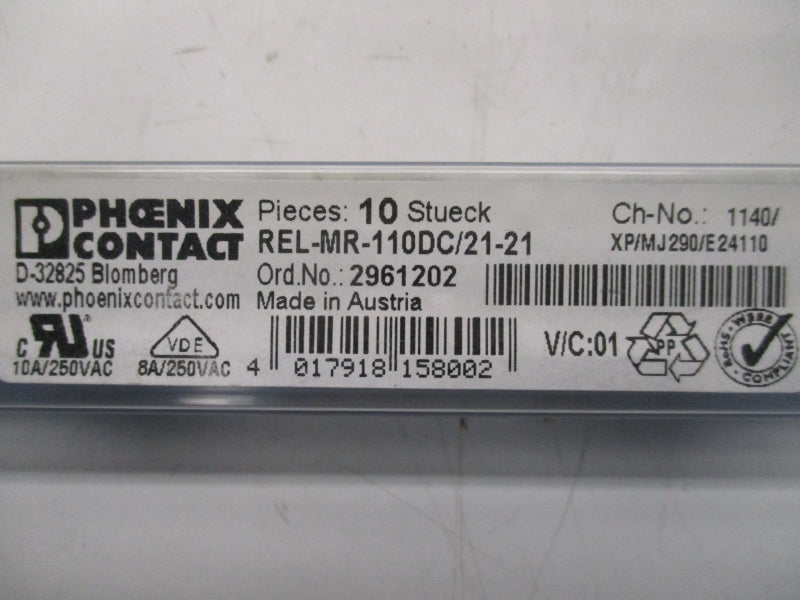 PHOENIX CONTACT REL-MR-110DC/21-21 2961202 250VAC (PKG OF 10) NSMP