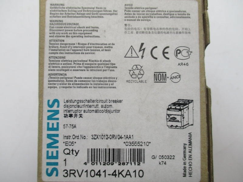 SIEMENS 3RV1041-4KA10 690VAC/DC 57-75A NSMP