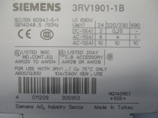 SIEMENS 3RV1901-1B 24VAC 10A (PKG OF 2) NSMP