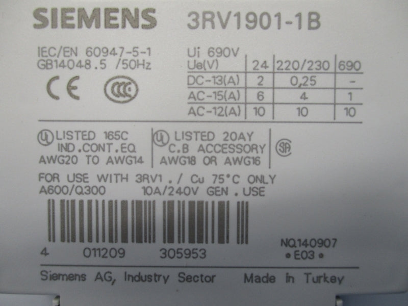 SIEMENS 3RV1901-1B 24VAC 10A (PKG OF 2) NSMP