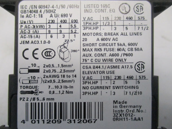 SIEMENS 3RT1316-1BB40 400VAC 9A NSMP