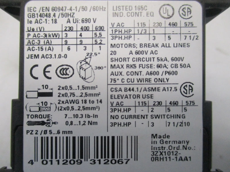SIEMENS 3RT1316-1BB40 400VAC 9A NSMP