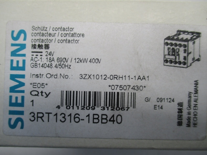 SIEMENS 3RT1316-1BB40 400VAC 9A NSMP