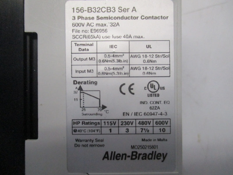ALLEN BRADLEY 156-B32CB3 SER.A 660VAC 32A (WH) NSMP