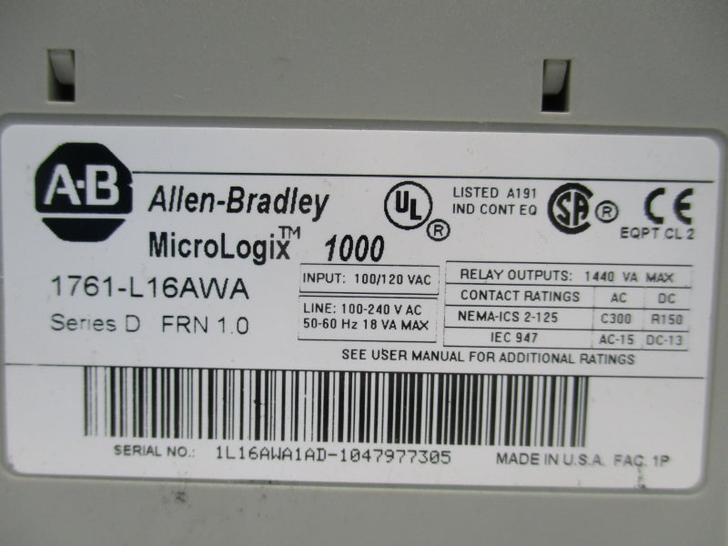ALLEN BRADLEY 1761-L16AWA SER.D F/W 1.0 100/120VAC NSNP