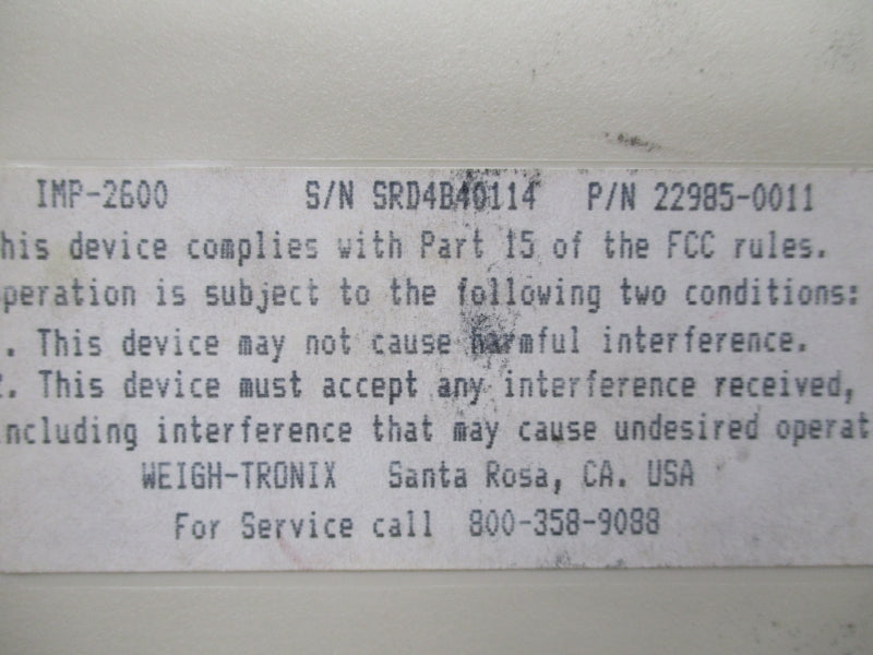 WEIGH-TRONIX IMP-2600 22985-0011 UNMP