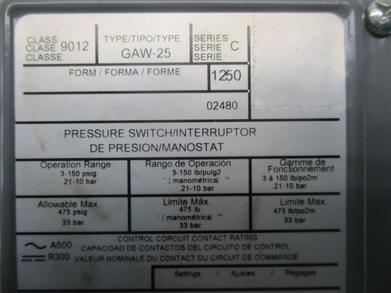 SQUARE D 9012GAW-25 SER. C 475PSI NSNP