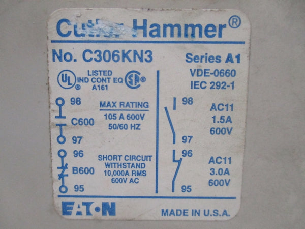 CUTLER-HAMMER C306KN3 SER. A1 600V 105A UNMP