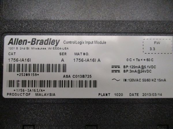 ALLEN BRADLEY 1756-IA16I SER. A F/W 3.3 24VDC (NO DOOR) NSMP