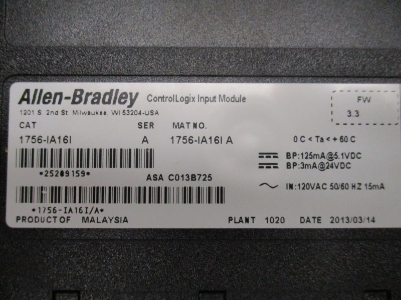 ALLEN BRADLEY 1756-IA16I SER. A F/W 3.3 24VDC (NO DOOR) NSMP