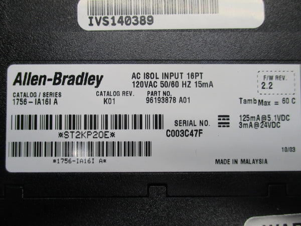 ALLEN BRADLEY 1756-IA16I SER. A REV. K01 F/W 2.2 120VAC (NO DOOR) NSNP