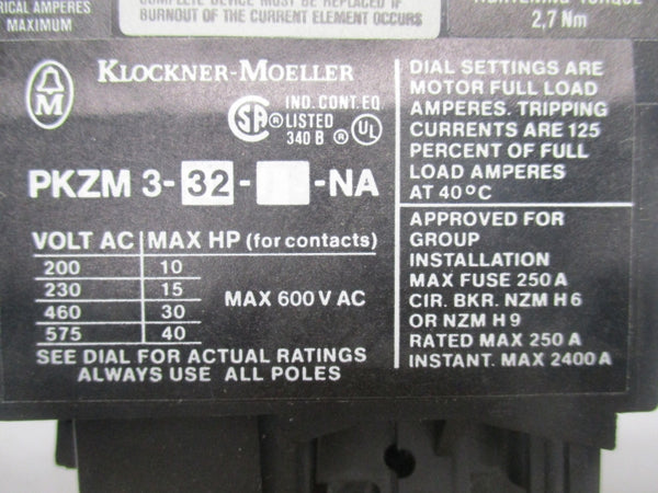 KLOCKNER-MOELLER PKZM3-32-NA 600VAC 22-32A NSMP