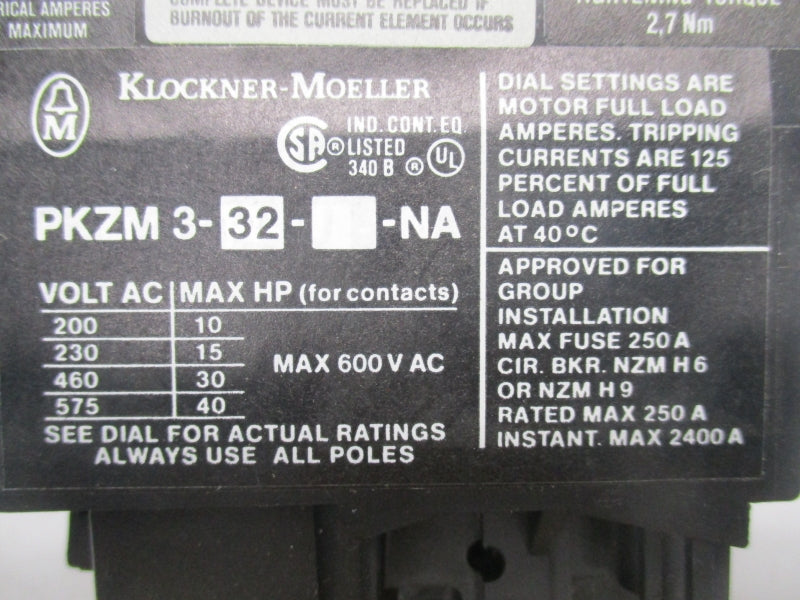 KLOCKNER-MOELLER PKZM3-32-NA 600VAC 22-32A NSMP