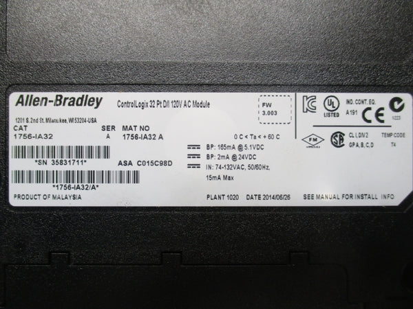 ALLEN BRADLEY 1756-IA32 SER. A F/W 3.003 120VAC NSMP