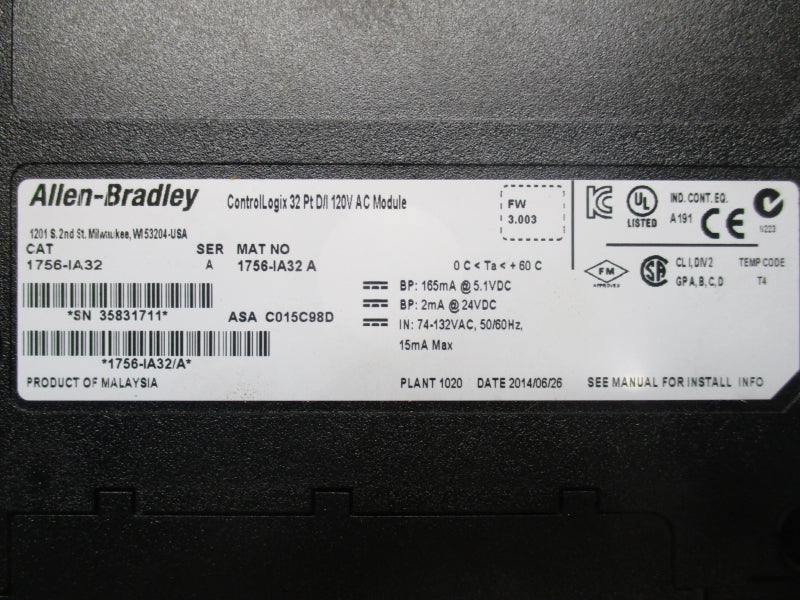 ALLEN BRADLEY 1756-IA32 SER. A F/W 3.003 120VAC NSMP