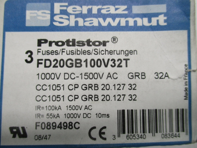 FERRAZ SHAWMUT FD20GB100V32T 1500VAC 32A (PKG OF 3) NSMP