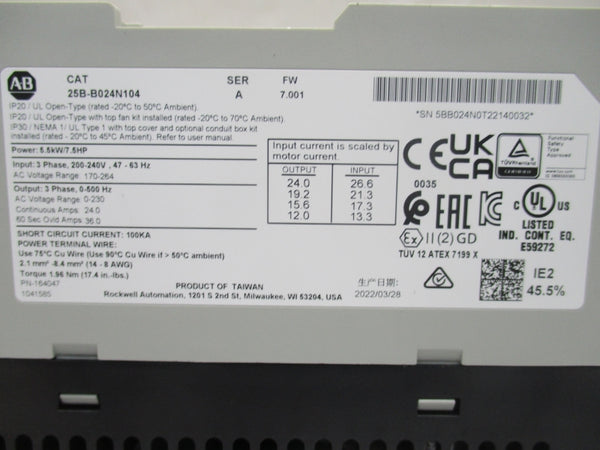 ALLEN BRADLEY 25B-B024N104 SER. A F/W 7.001 170-264V 24.0A NSNP