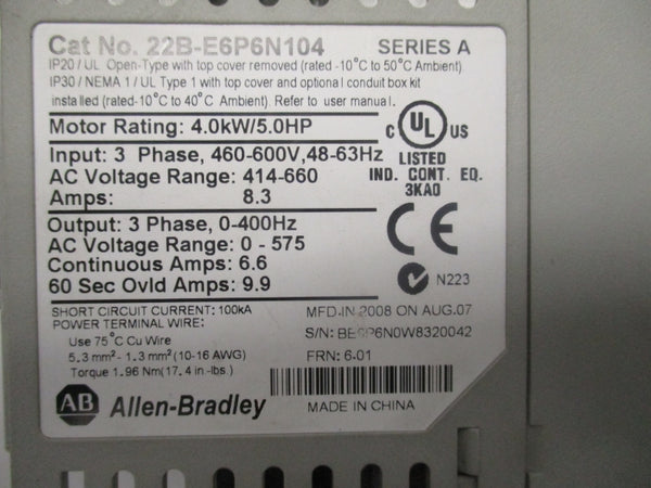 ALLEN BRADLEY 22B-E6P6N104 SER. A F/W 6.01 414-660VAC 8.3A UNMP