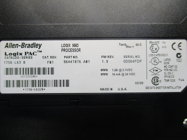ALLEN BRADLEY 1756-L63 SER. B F/W 1.9 REV. F01 24VDC (AS IS) NSNP