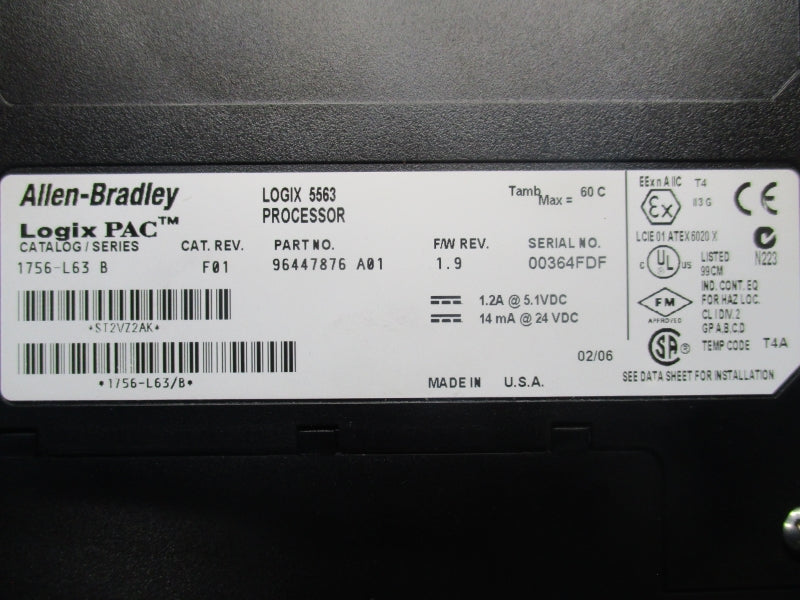 ALLEN BRADLEY 1756-L63 SER. B F/W 1.9 REV. F01 24VDC (AS IS) NSNP