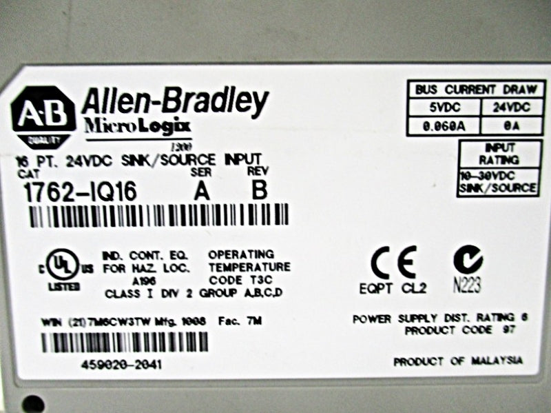 ALLEN BRADLEY 1762-IQ16 SER. A REV. B 24VDC NSNP