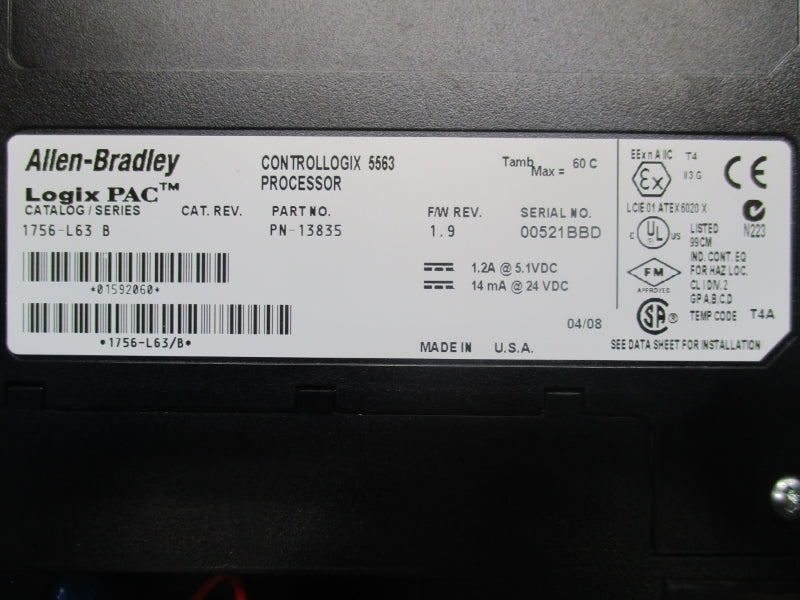 ALLEN BRADLEY 1756-L63 SER. B F/W 1.9 24VDC (AS IS) NSNP