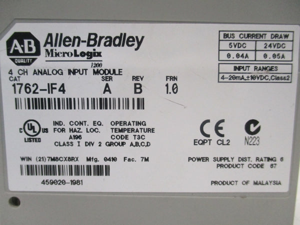 ALLEN BRADLEY 1762-IF4 SER. A F/W 1.0  REV. B 24VDC 0.05A NSNP