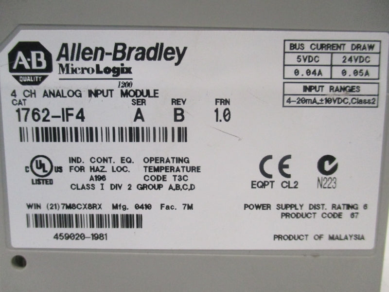 ALLEN BRADLEY 1762-IF4 SER. A F/W 1.0  REV. B 24VDC 0.05A NSNP