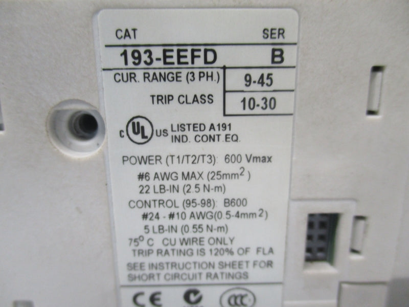 ALLEN BRADLEY 193-EEFD SER. B 600V 9-45A NSNP