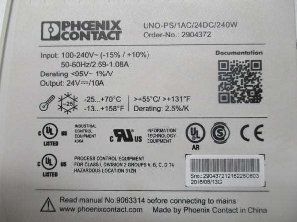 PHOENIX CONTACT UNO-PS/1AC/24DC/240W 2904372 100-240V NSNP
