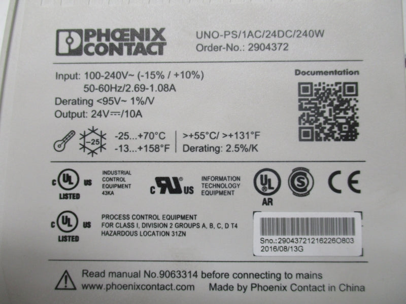 PHOENIX CONTACT UNO-PS/1AC/24DC/240W 2904372 100-240V NSNP