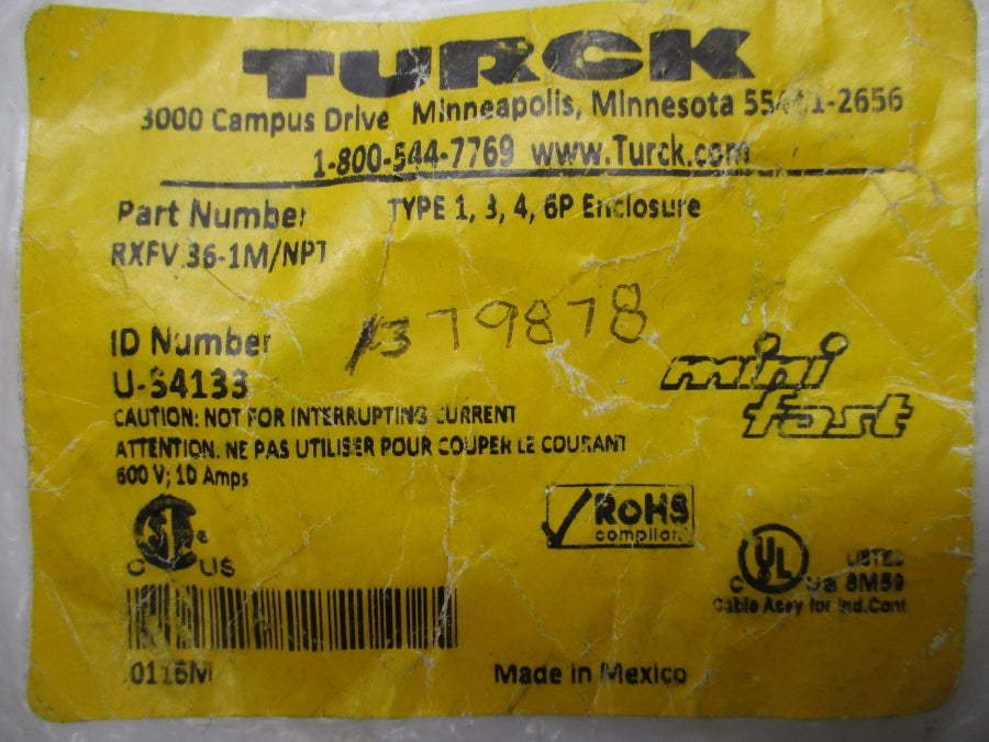 TURCK RXFV36-1M/NPT U-54133 600V 10A NSMP