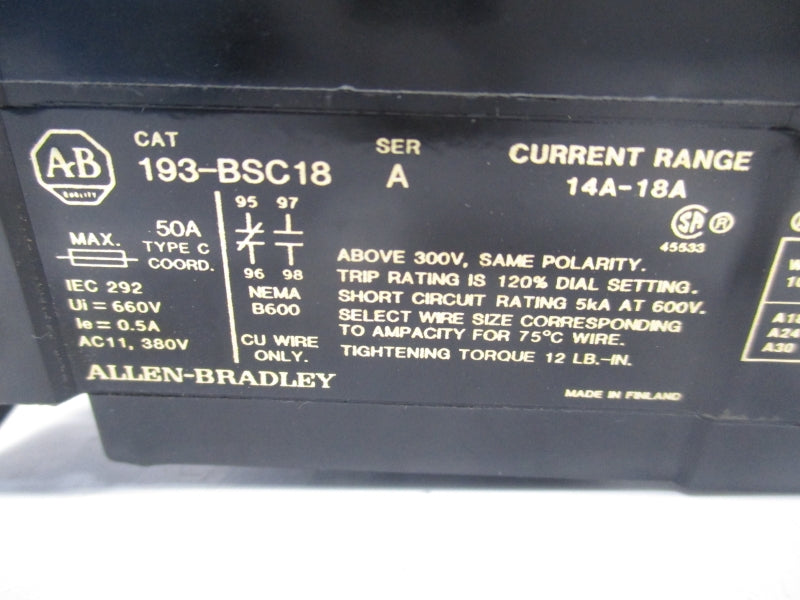 ALLEN BRADLEY 193-BSC18 SER.A 14-16A (BK/YL) NSMP