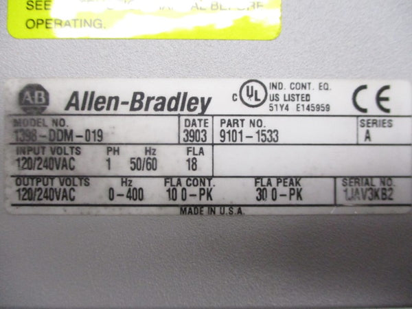 ALLEN BRADLEY 1398-DDM-019 9101-1533 SER. A 120/240VAC VER. 1.39 (BR/WH) NSNP