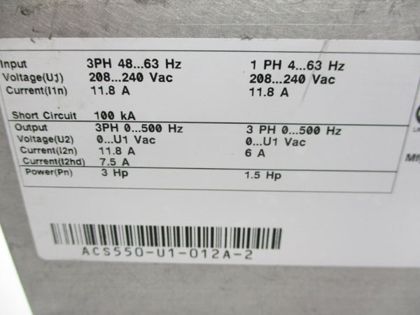 ABB ACS550-U1-012A-2 240VAC 11.8A UNMP