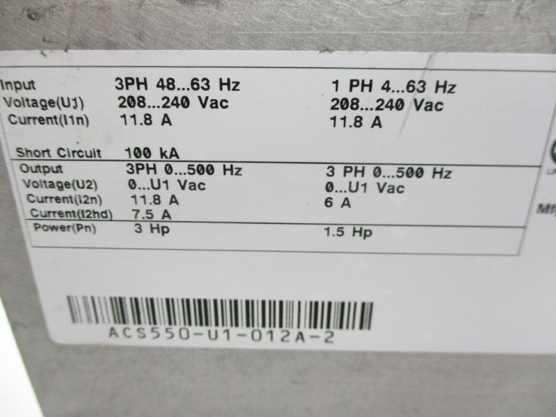 ABB ACS550-U1-012A-2 240VAC 11.8A UNMP