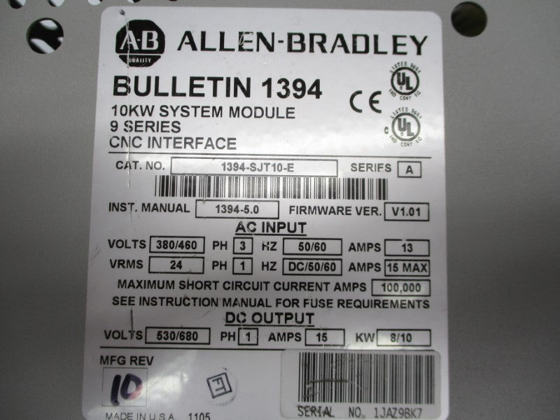 ALLEN BRADLEY 1394-SJT10-E SER. A 380/460V 13A F/W 1.01 NSMP
