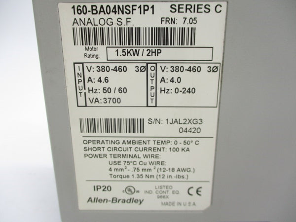 ALLEN BRADLEY 160-BA04NSF1P1 SER. C F/W 7.05 380-460V 4.6A UNMP